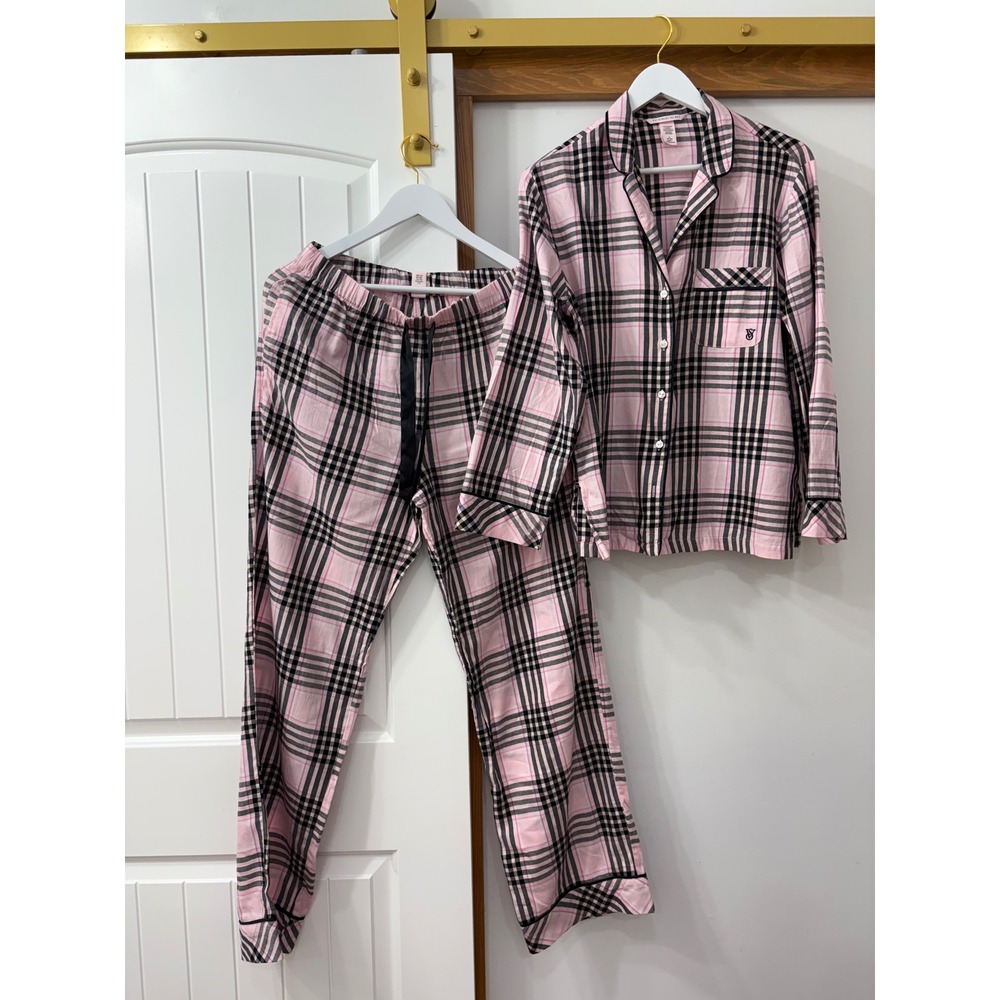 Victoria's Secret Flannel Pajama Set Pj's 2 Piece Set Pretty Pink Plaid Sz M
